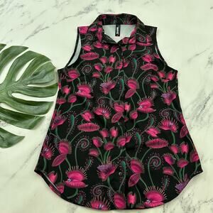 BlackMilk Womens I Eat Flies Venus Fly Trap Print Top Size S Black Pink Tank